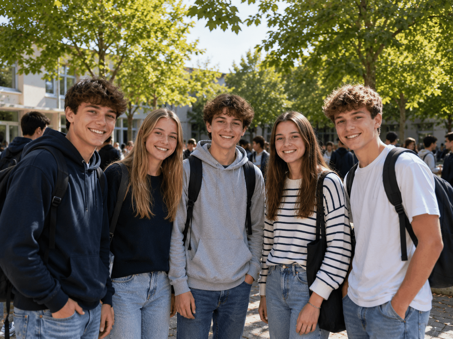 Cinq jeunes (trois garçons, deux filles) souriants regardent l'observateur, debout sur un campus extérieur. Des arbres, bâtiments et autres étudiants flous composent l'arrière-plan.