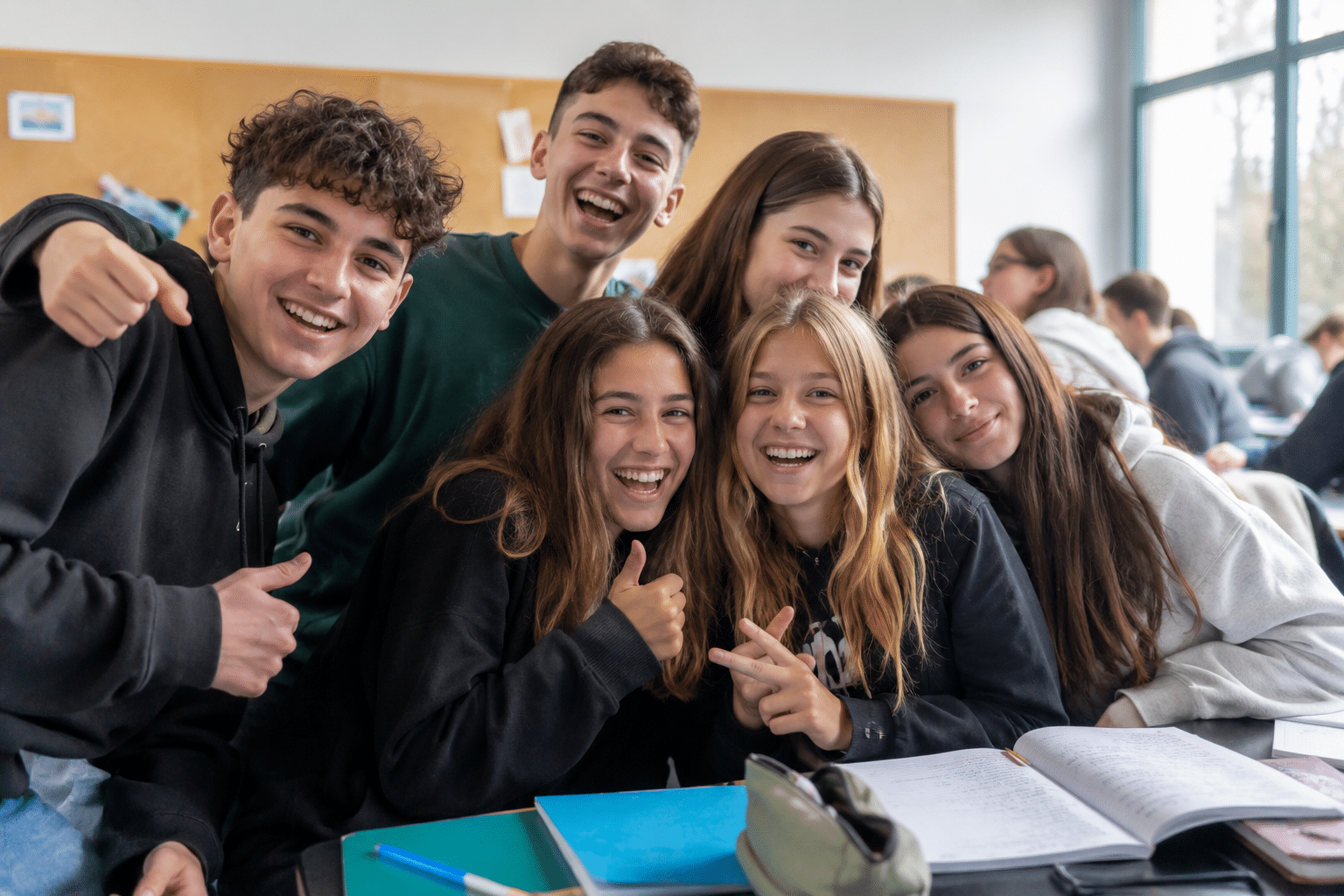 Six adolescents joyeux posent en riant et font des gestes (pouces levés, signe de paix) dans une salle de classe, avec des livres ouverts sur les tables.